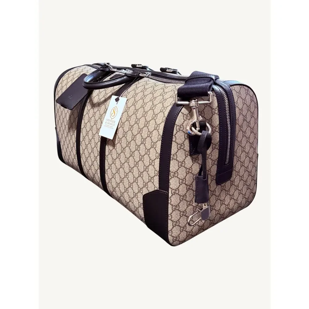 Gucci GG Supreme XL Travel Duffel Bag Beige Ebony Black Leather Full Set New